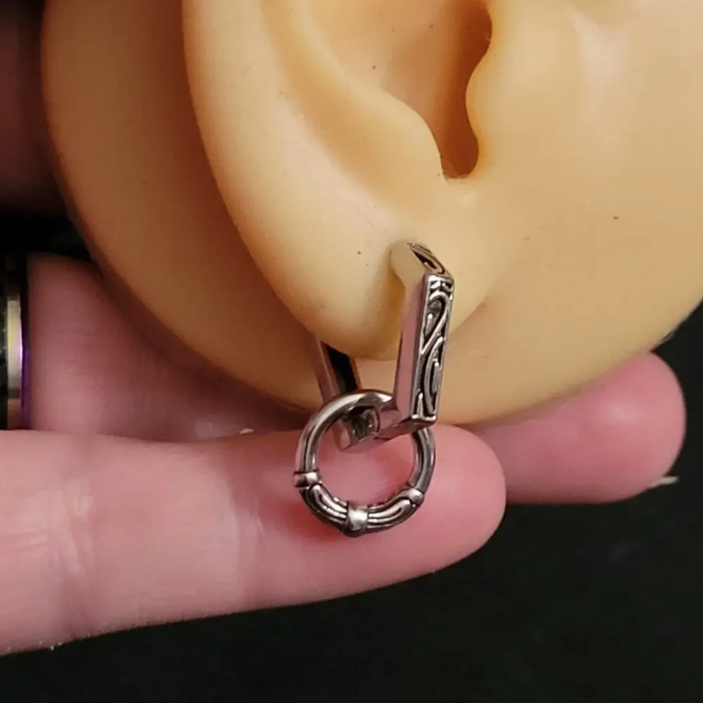 Men's unique etched silver tone geometric hoop earrings